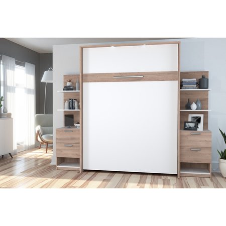 Bestar Cielo 105W Queen Murphy Bed with Floating Shelves and Drawers (104W), Rustic Brown & White 80881-000009